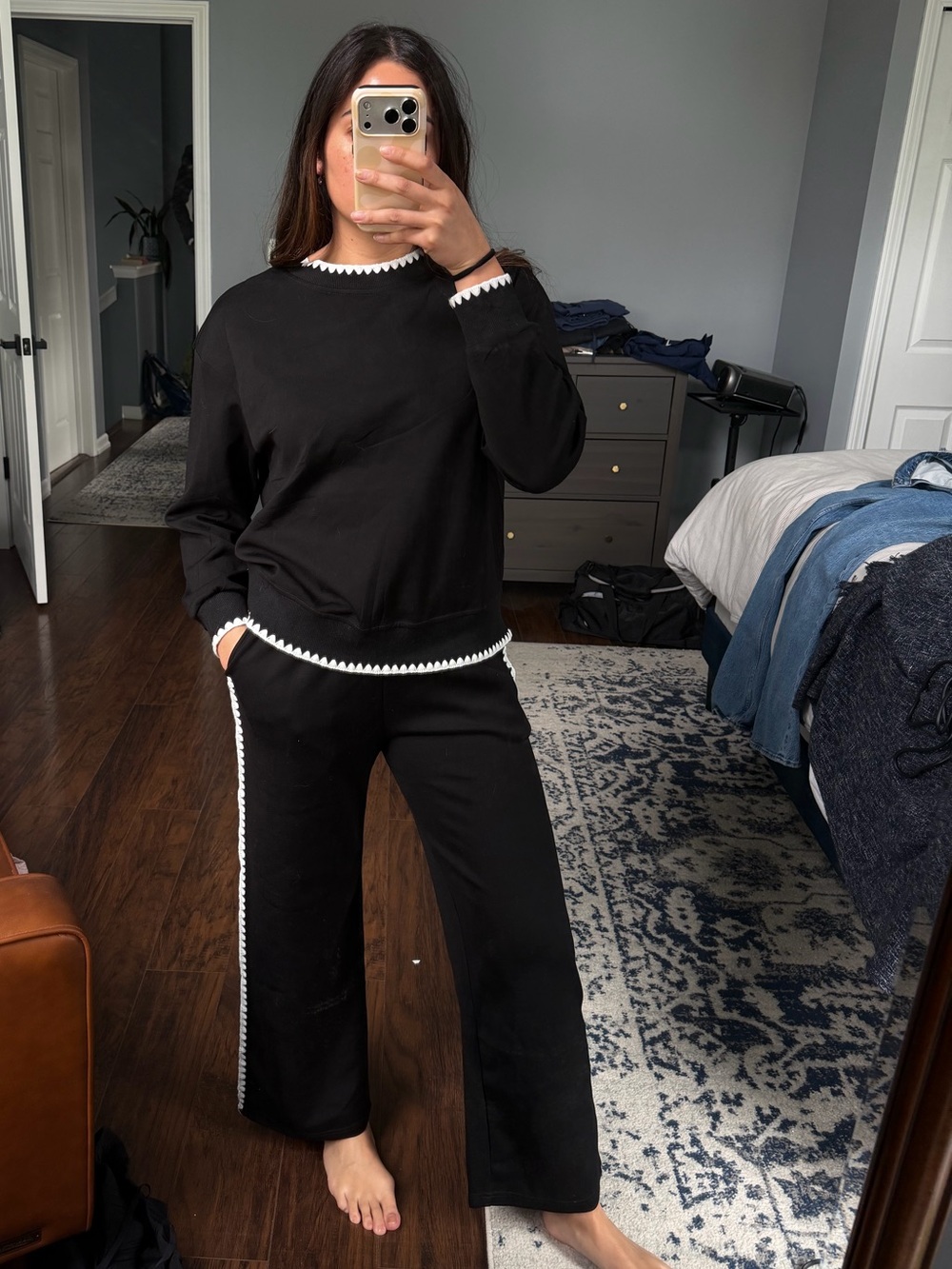 Wide-Leg Black Two-Piece Set with White Trim